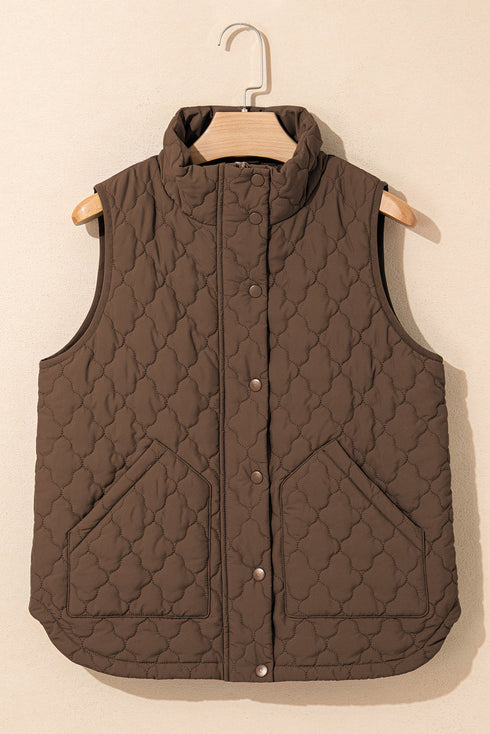 Stand Collar Flower Quilted Snap Button Zip Vests